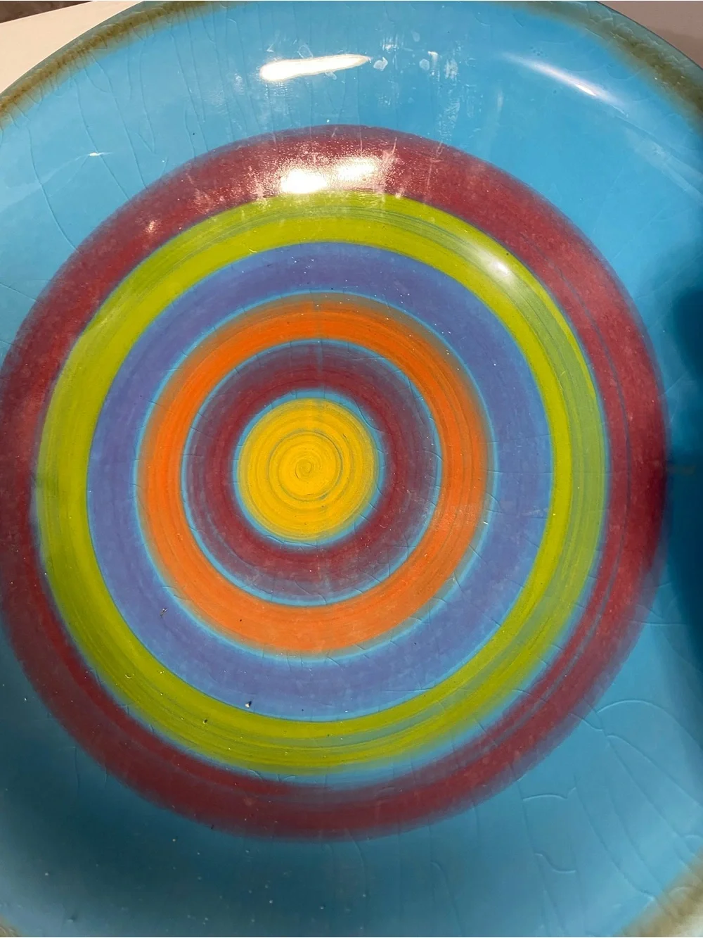 Italian Ceramic Bowl Sara Hand Painted Rainbow Swirl Blue Crazing Chip 9.5 In